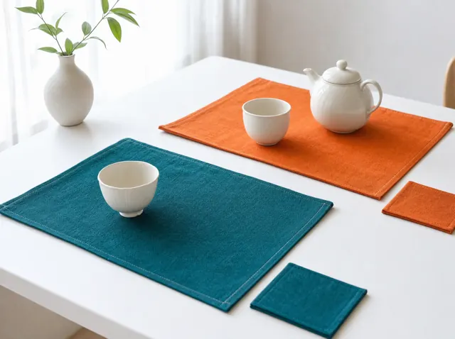 청록·감빛 테이블 매트와 코스터 위의 찻잔
